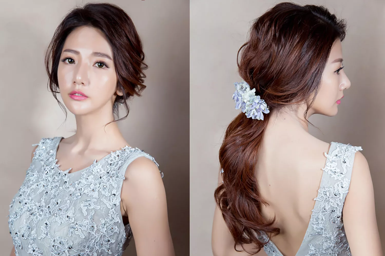 近期流行韓系風格的低馬尾晚禮服髮型。