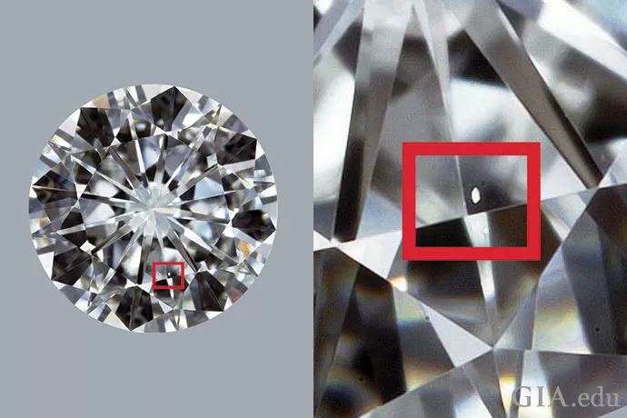 此顆鑽石淨度VS1，紅匡處是一個以顯微鏡也難以看到的小瑕疵。(圖片來源：GIA)