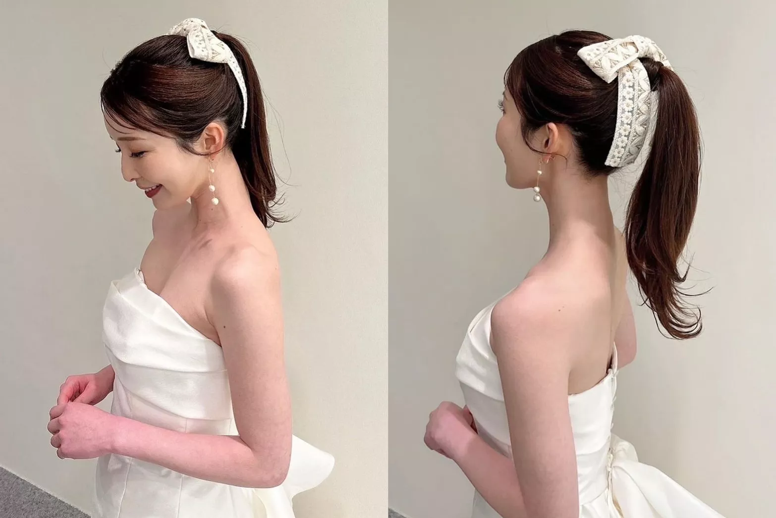 營造可愛感，白色蝴蝶結的高馬尾婚紗頭髮造型。